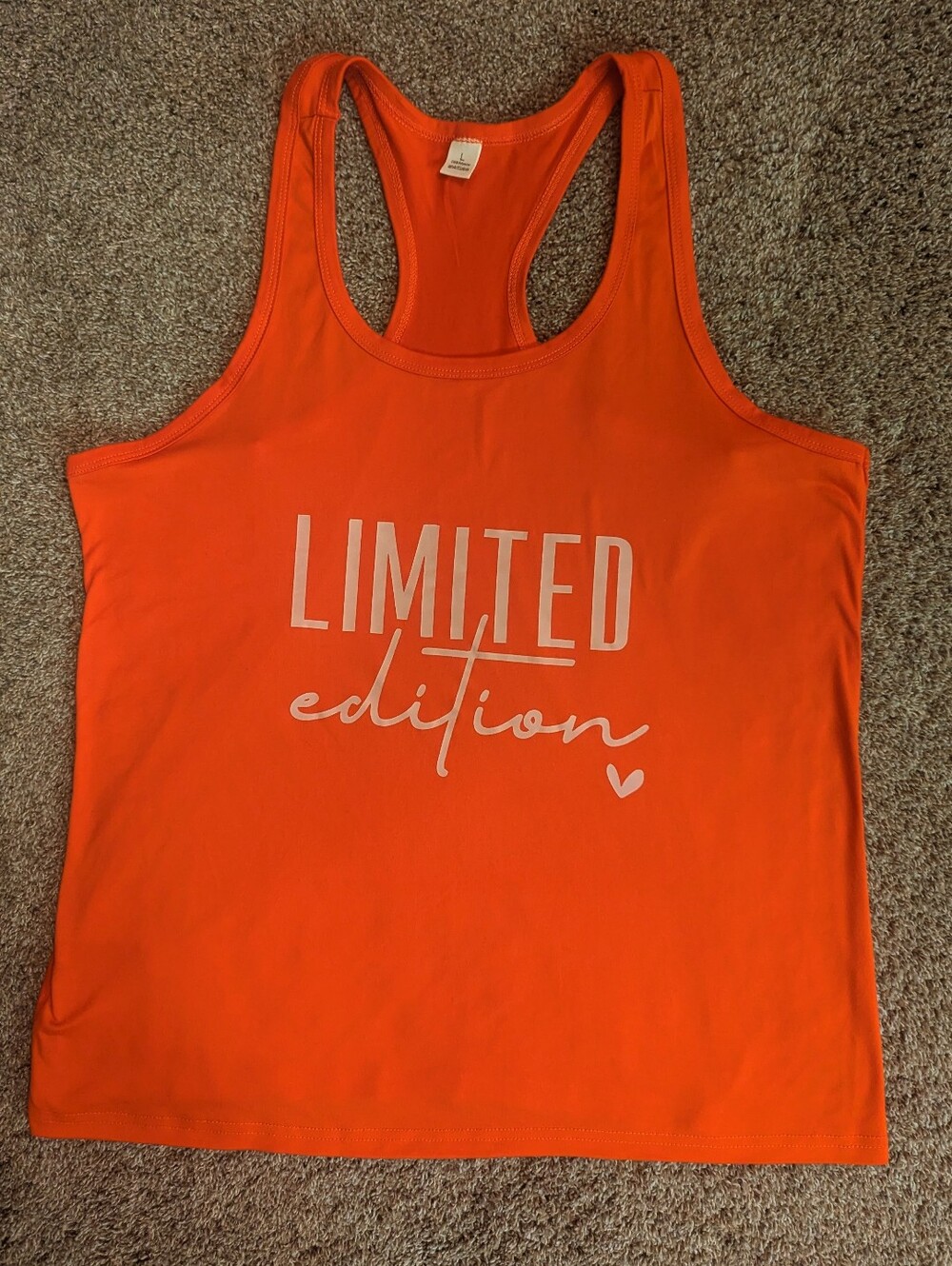 Women's  Orange Tank Top With "LIMITED edition" In Pink Writing On Front Size L